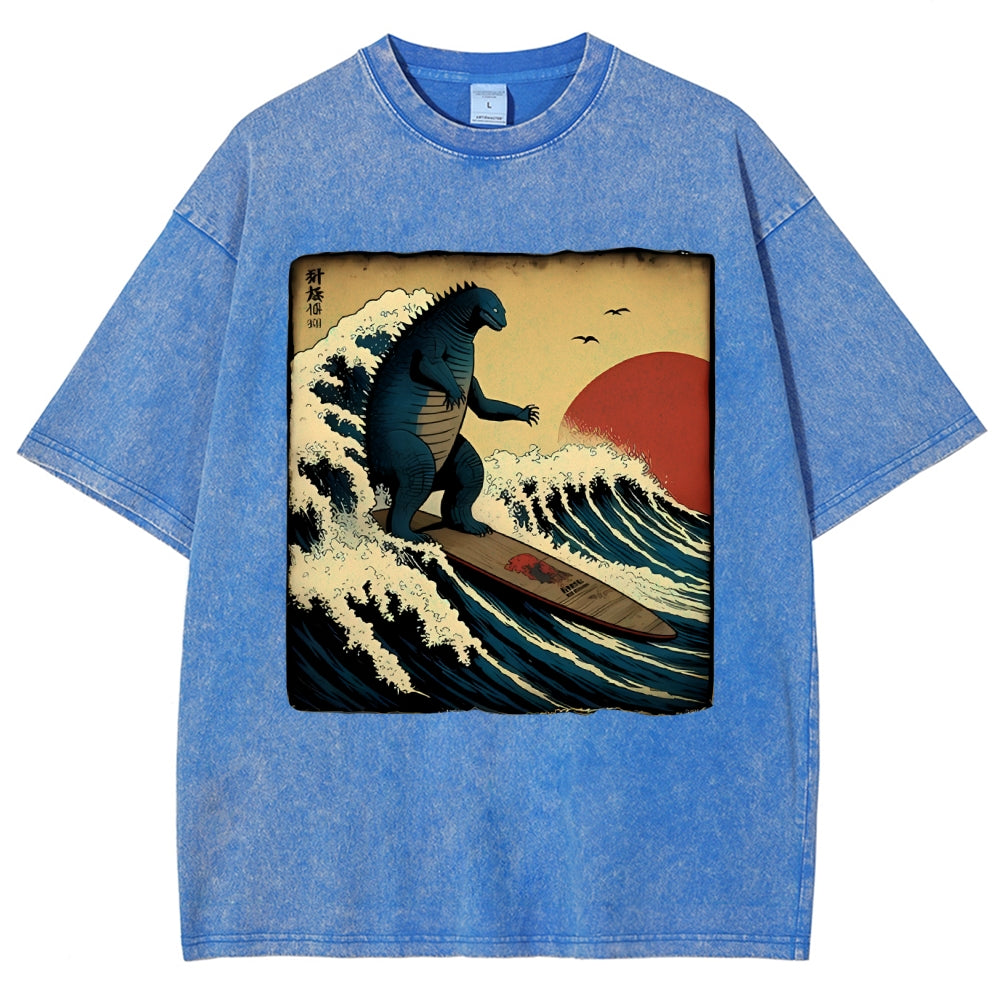 Unisex Vintage Japanese illustration Printed Washed Tee