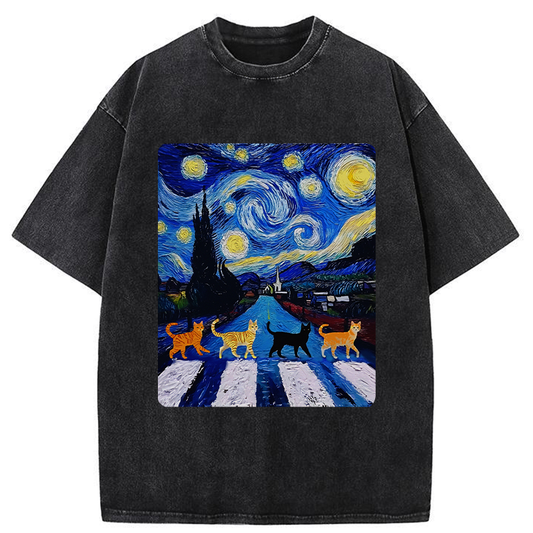 Starry Night Cat Washed T-Shirt