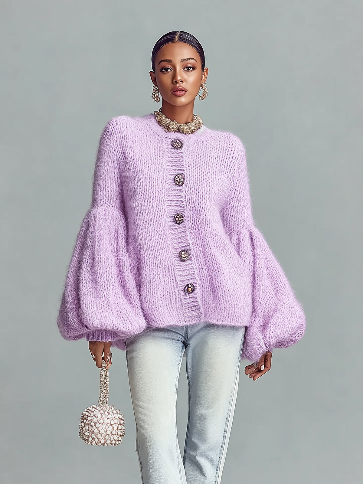 Taidalw Chic Vintage Lavender Crew Neck Button Details Oversized Bell Sleeve Fuzzy Knit Cardigan