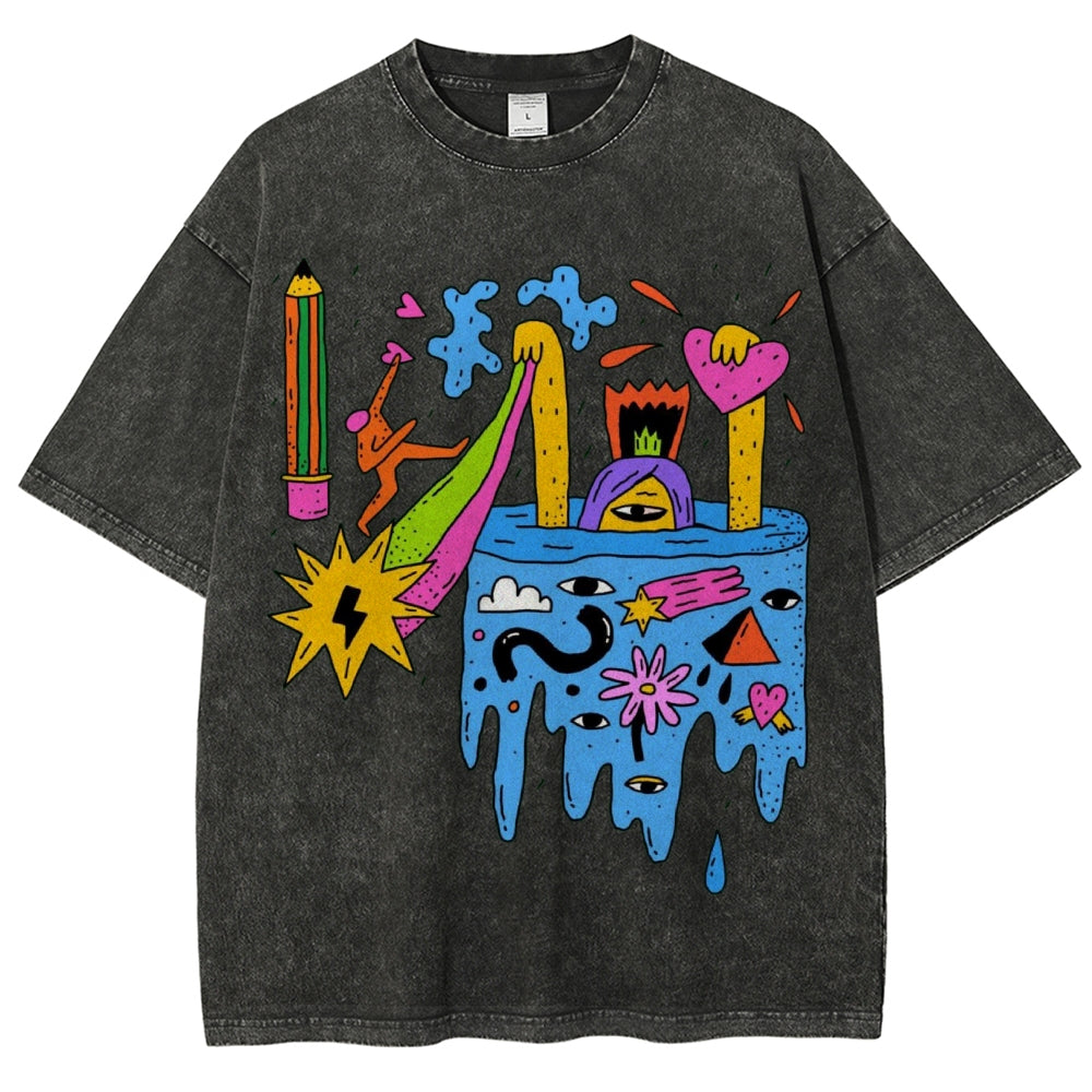 Unisex Abstract Art Eyes Printed Washed Tee