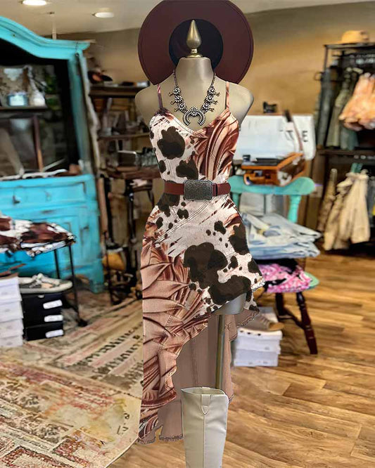 Western Cowboy Sunflower and Cow Irregular Ruffle Hem Slim Cami Dress