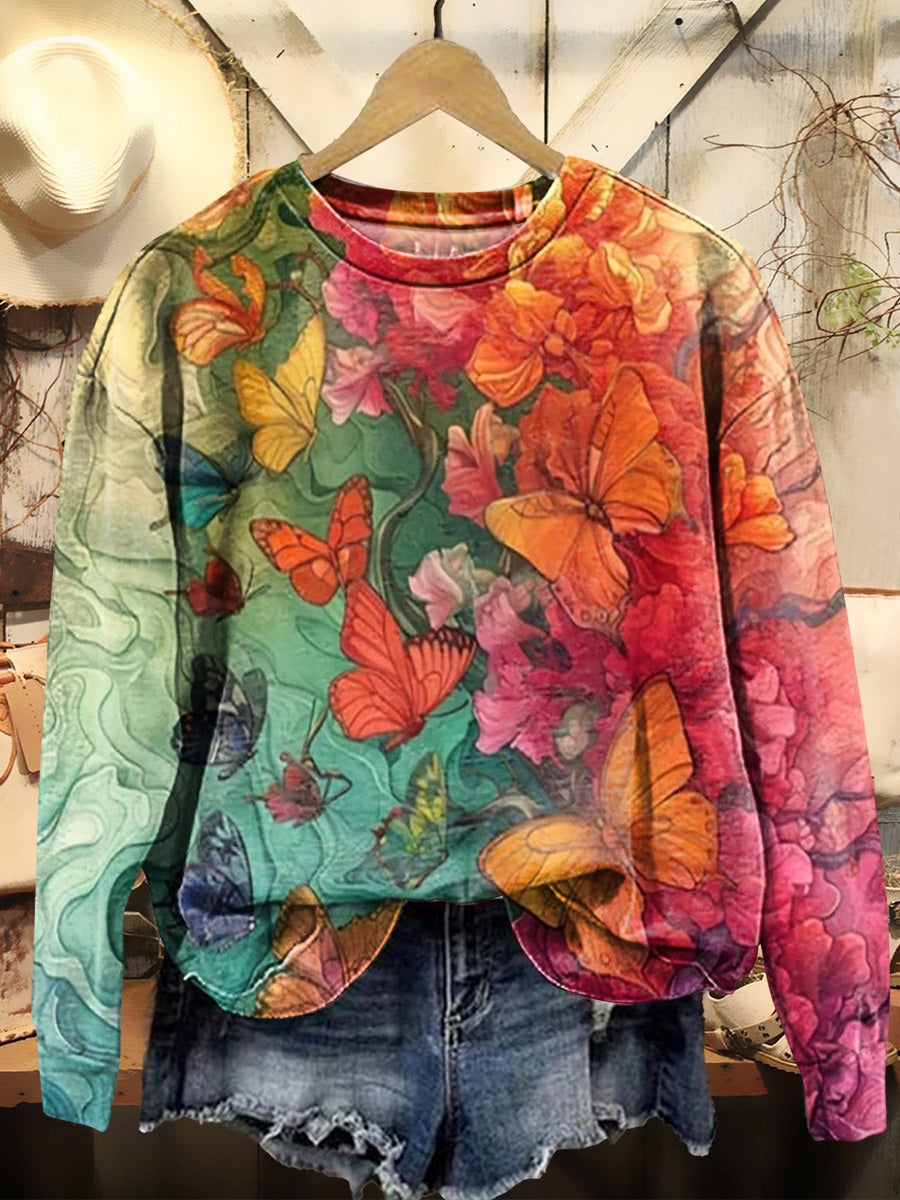 Women's Colorful Butterfly Art Print Casual Crew Neck Sweatshirt