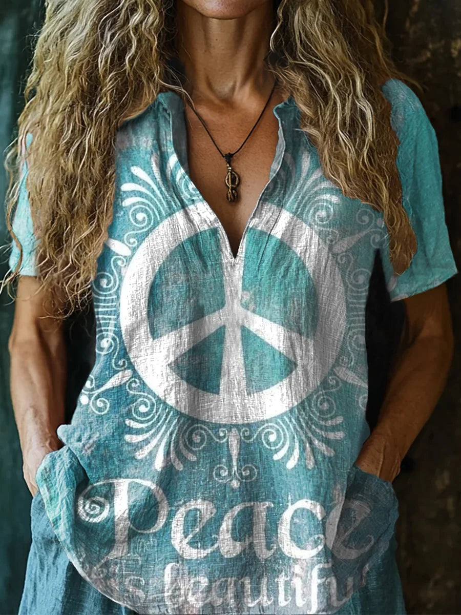 Women's Vintage Hippie Peace Is Beautiful Pattern Prints Cotton Crew Neck Tee