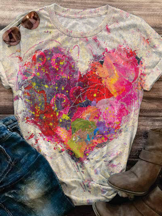 Vintage Valentine's Day Heart Watercolor Print Crew Neck T-shirt