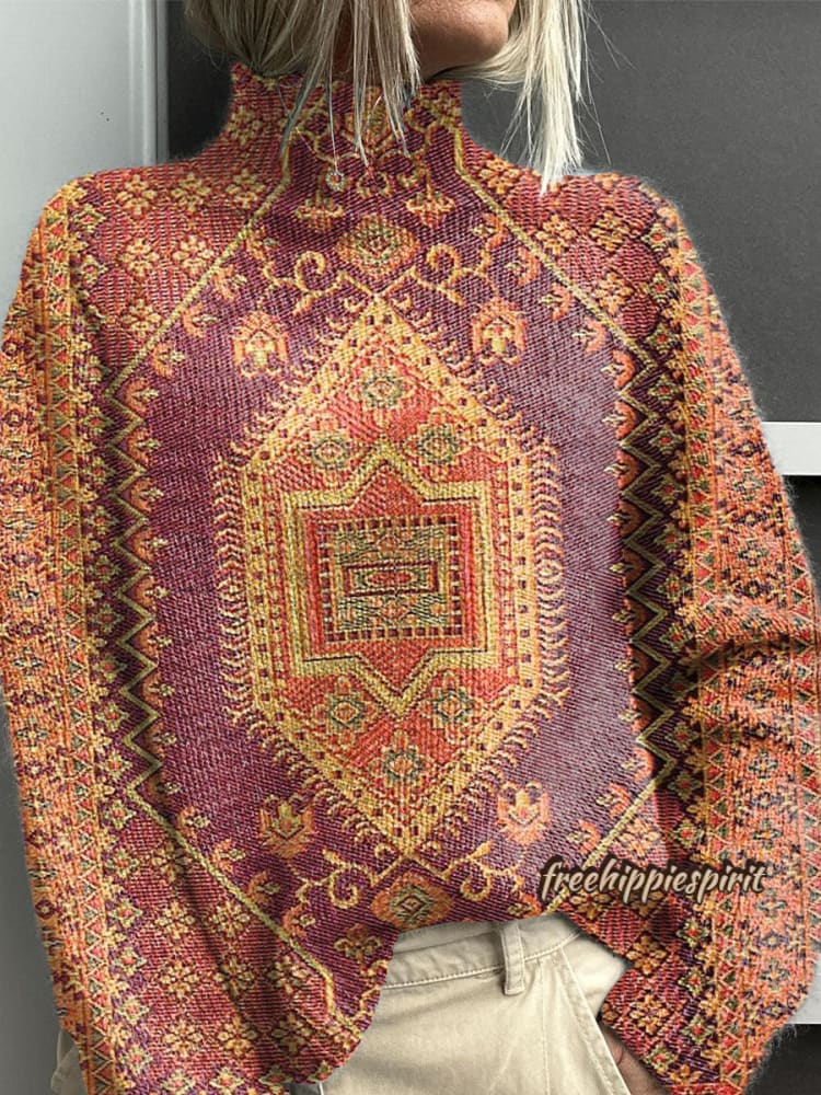 Women's Vintage Lovely Floral Art Print Knit Turtleneck Pullover Sweater