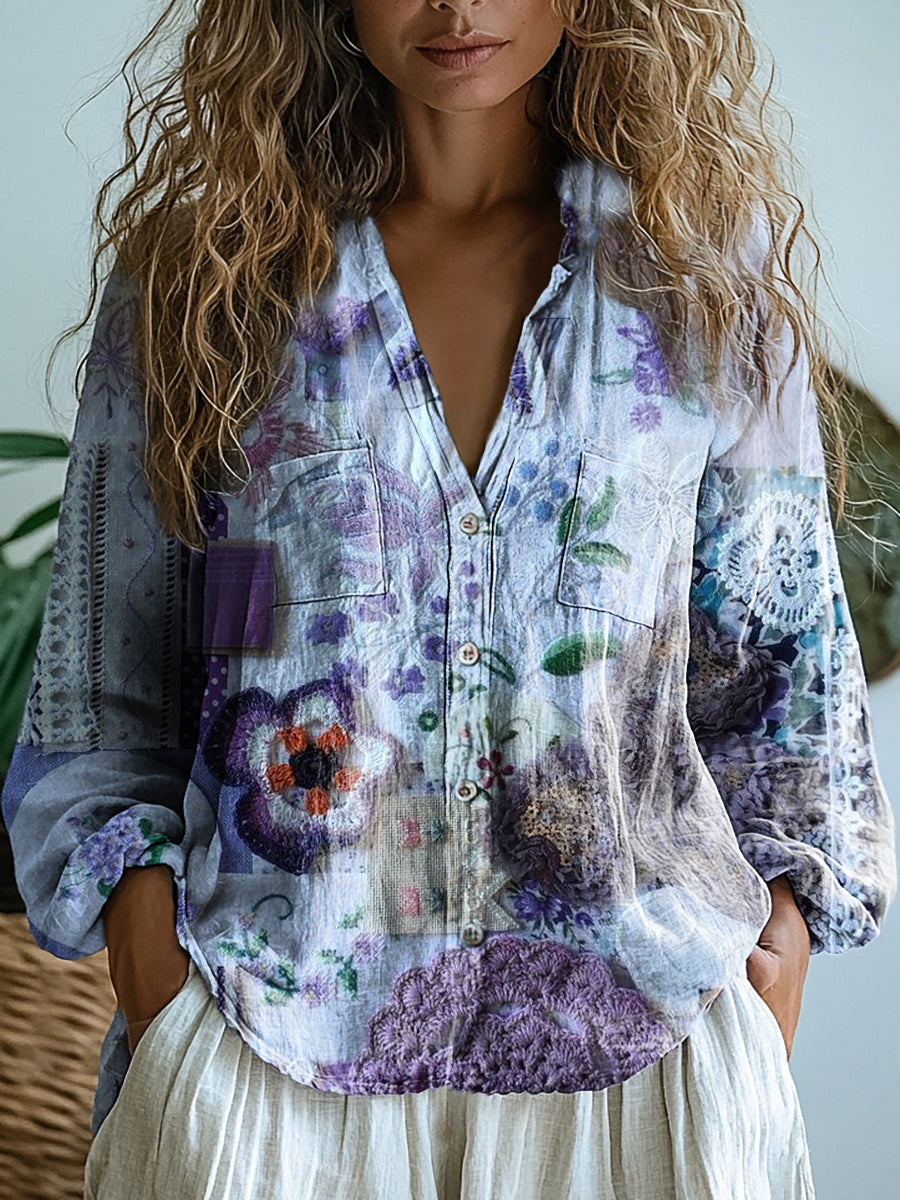 Women's Floral Patchwork Art Print Casual Long Sleeve Comfortable Cotton Shirt