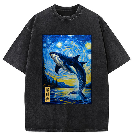 Whale Under The Starry Night Washed T-Shirt
