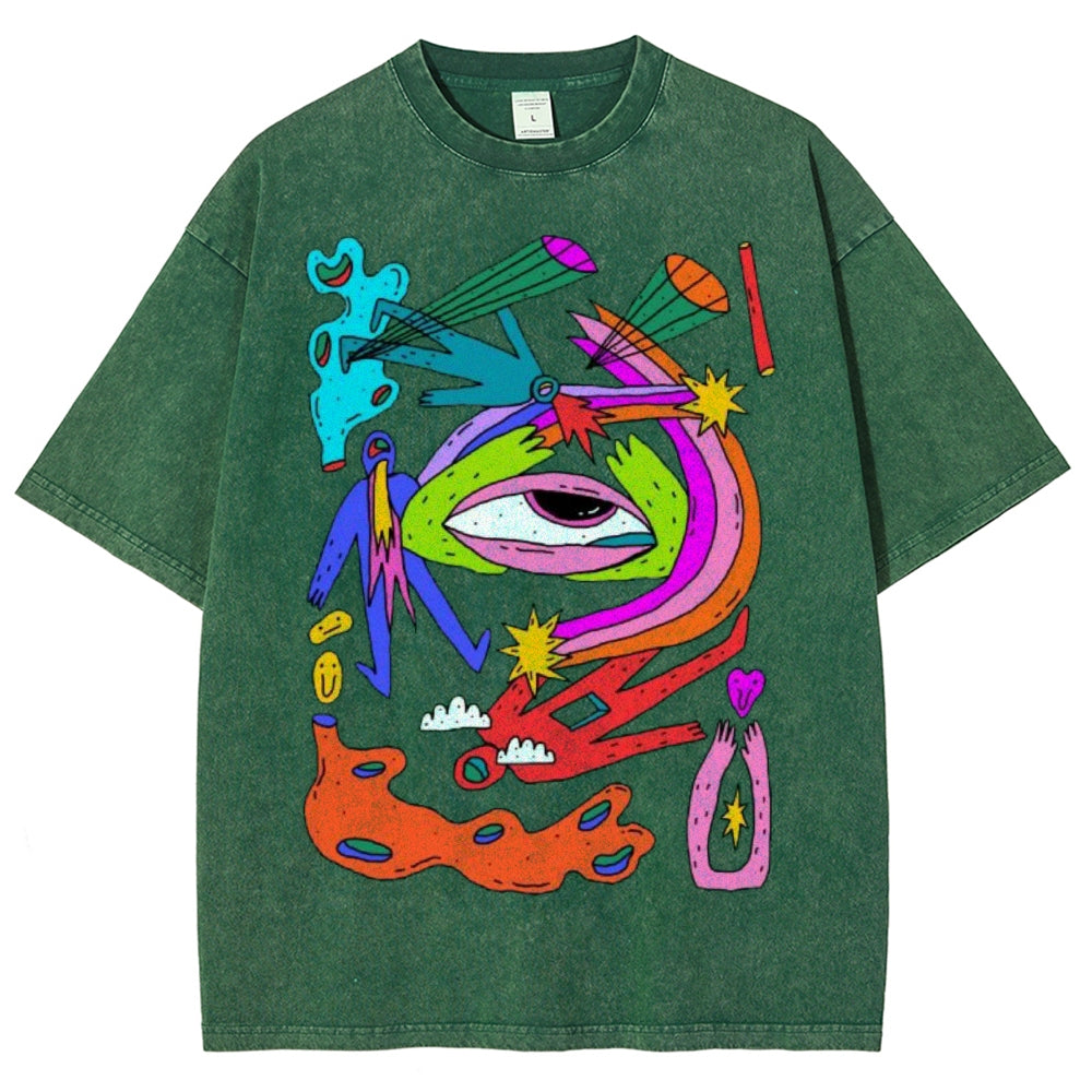 Unisex Abstract Art Eyes Printed Washed Tee