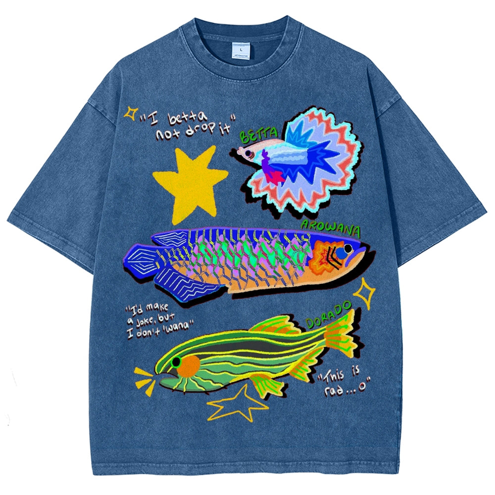 Unisex Colorful Cartoon Fish Washed Tee