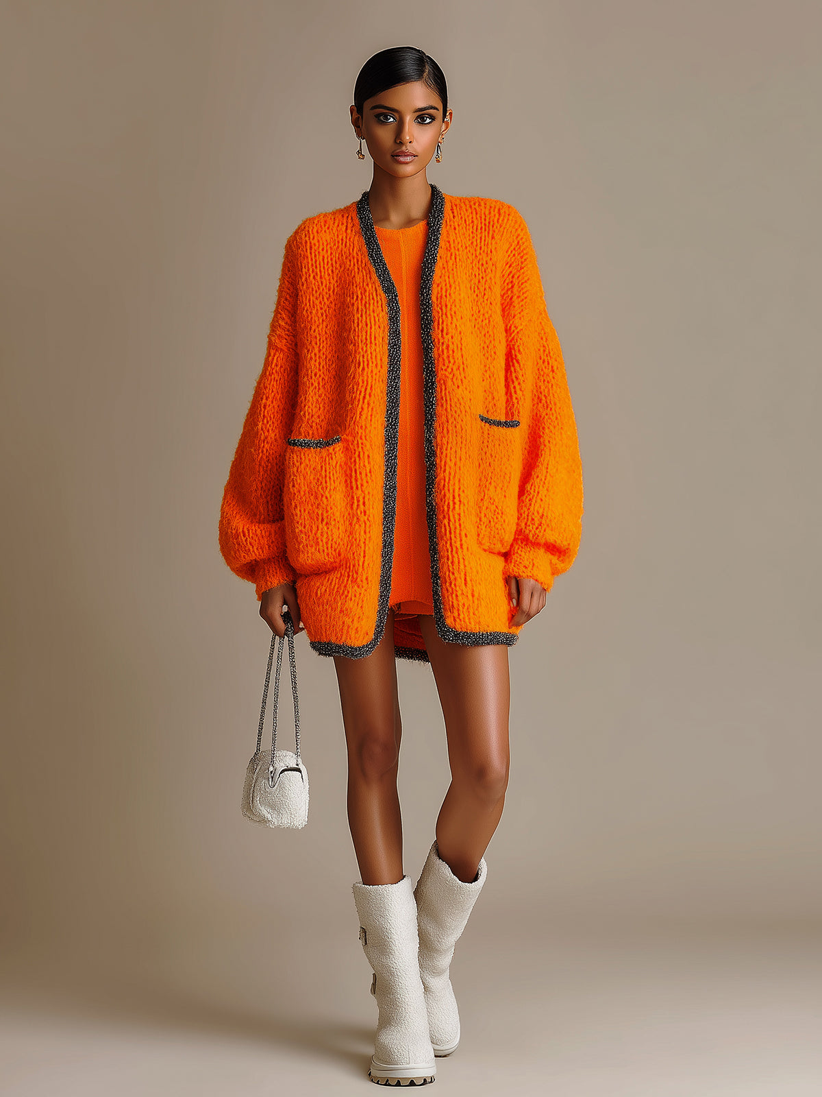 Taidalw Chic Casual Orange Contrast Trim Patch Pockets Oversized Mid-Length Knit Cardigan