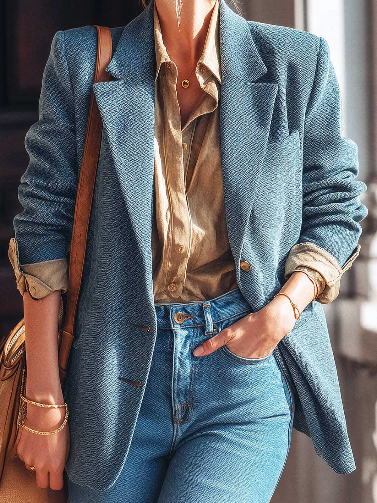 Taidalw Casual Office Blue Herringbone Wool Blend Notch Lapel Single-Breasted Oversized Blazer