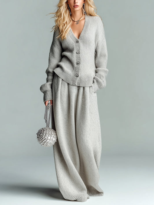Taidalw Chic Vintage Light Gray V-Neck Single-Breasted Long Sleeve Cardigan Oversize Maxi Skirt Knit Two-Piece Set