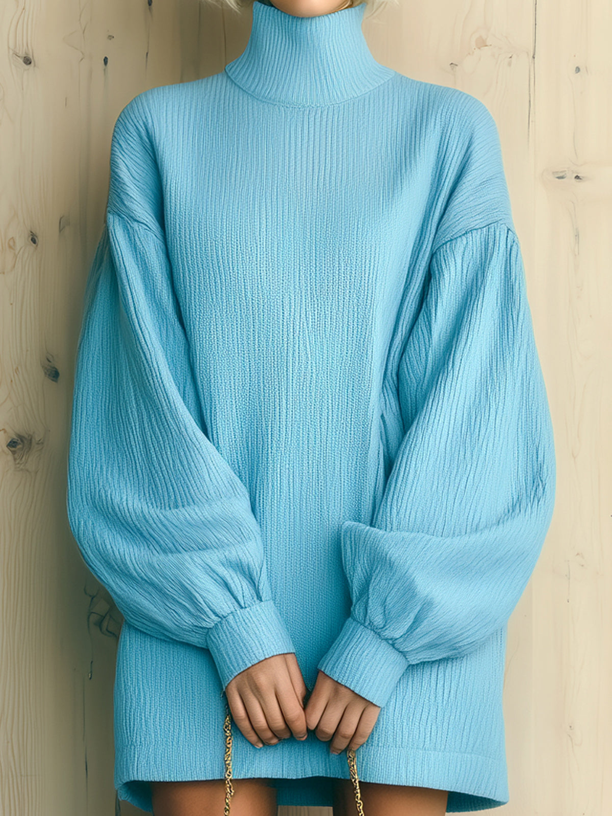 Taidalw Chic Casual Baby Blue Pleated Textured Cotton Blend Turtleneck Lantern Sleeve Oversized Mini Dress
