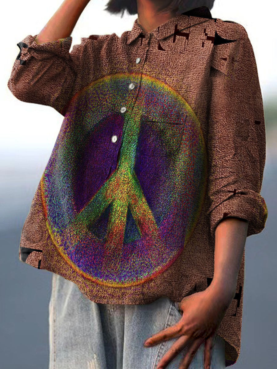 Women's Vintage Peace Sign Print Casual Cotton And Linen Shirt