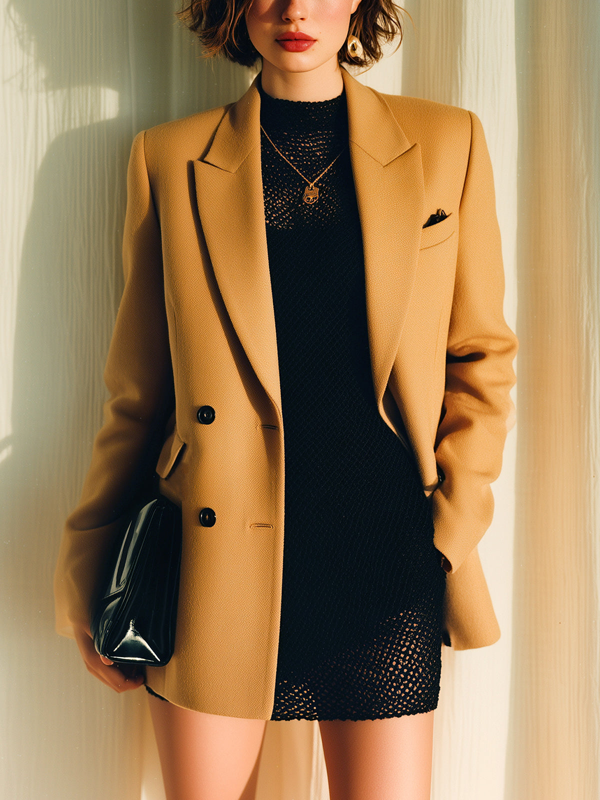 Taidalw Chic Vintage Khaki Peaked Collar Double-Breasted Padded Shoulder Flap Pocket Blazer