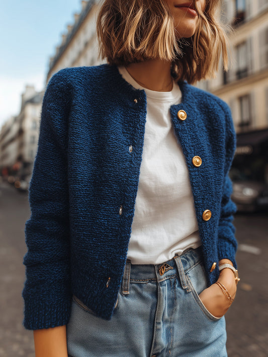 Taidalw Chic Casual Dark Blue Crew Neck Gold Button Cropped Knit Cardigan