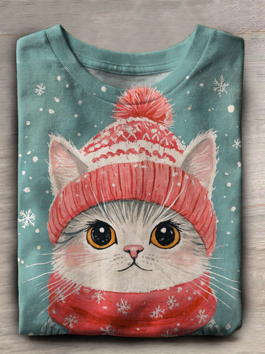 Winter Cat Print Casual Short Sleeve Top