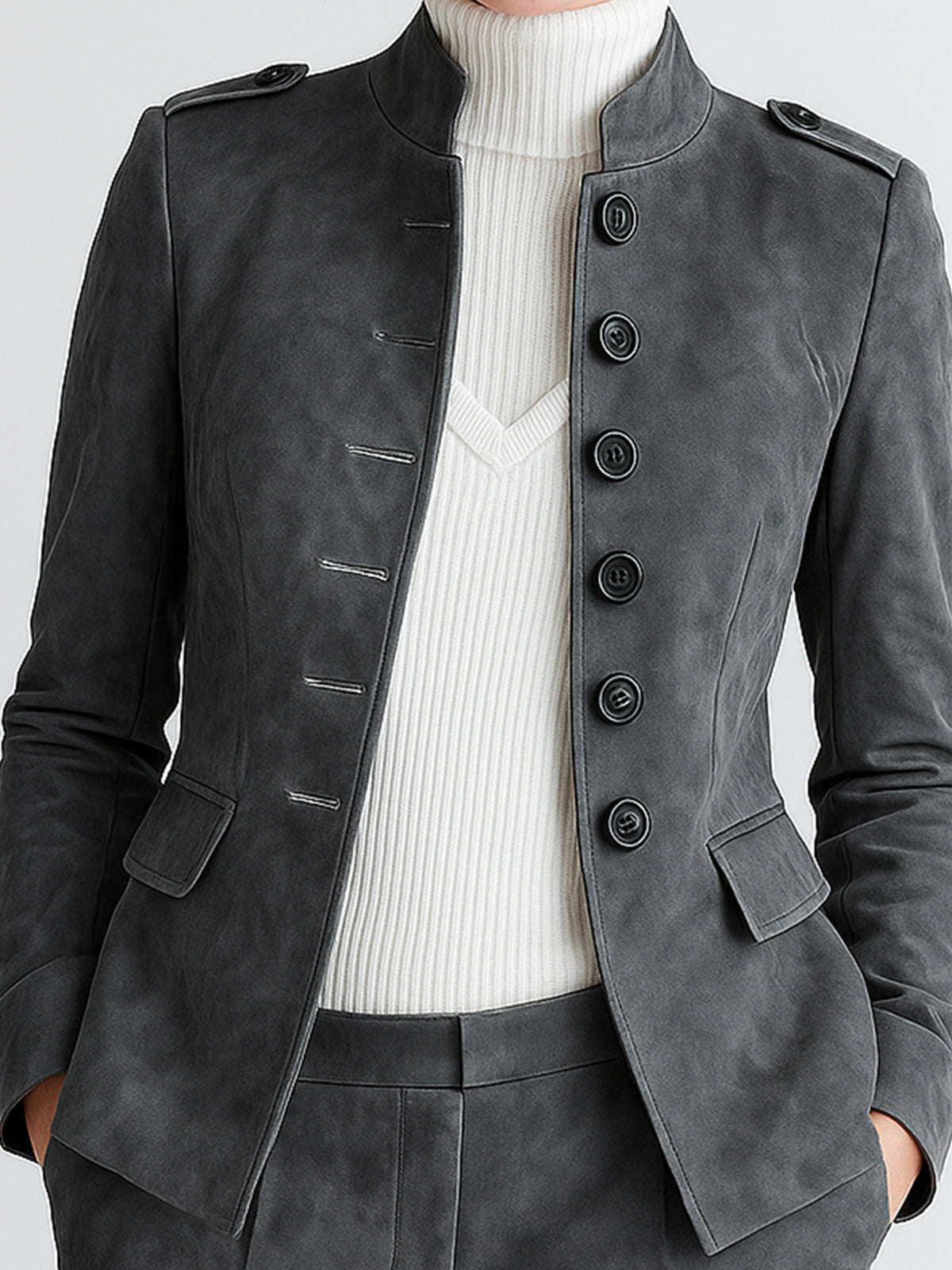 Taidalw Sophisticated Office Faux Suede Stand Collar Button-Front Epaulet Slim-Fit Blazer