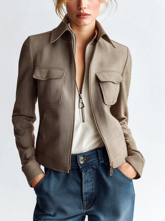 Taidalw Casual Khaki Herringbone Wool Blend Lapel Zip-Up Double Pocket Short Sophisticated Jacket