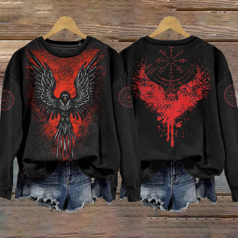 Women'S Vintage Flaming Raven And Vegvisir Viking Sweatshirt