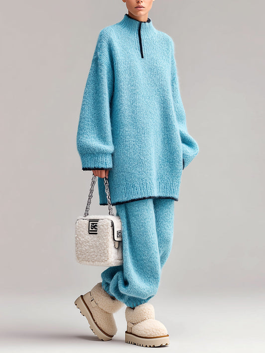 Taidalw Chic Casual Baby Blue Fuzzy Half-Zip Mock Neck Contrast Trim Long-Sleeve Sweater Cuffed Pants Oversized Knit Two-Piece Set