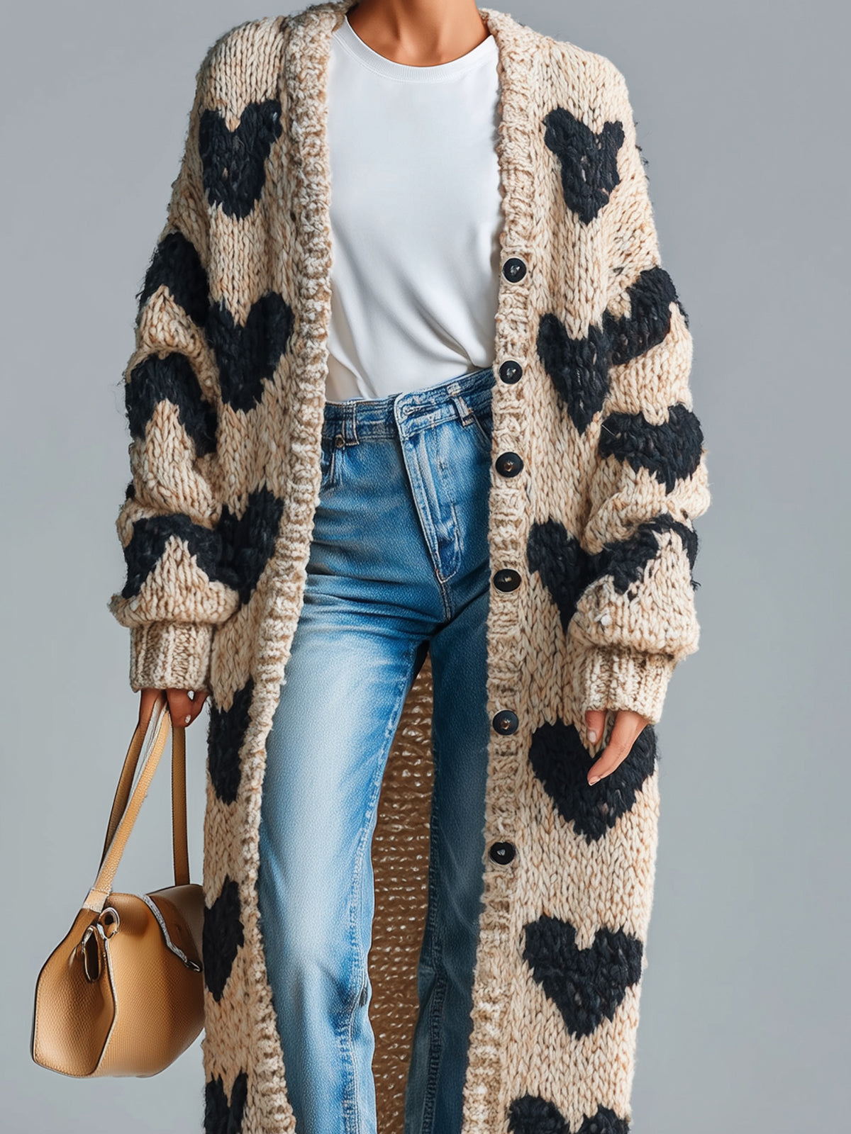 Taidalw Chic Vintage Beige-Black Heart Jacquard Relaxed Fit Single-Breasted Long Sleeve Knit Long Cardigan