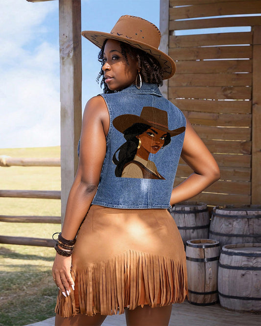 Brown Cowgirl Squad Single-Breasted Casual Denim Waistcoat
