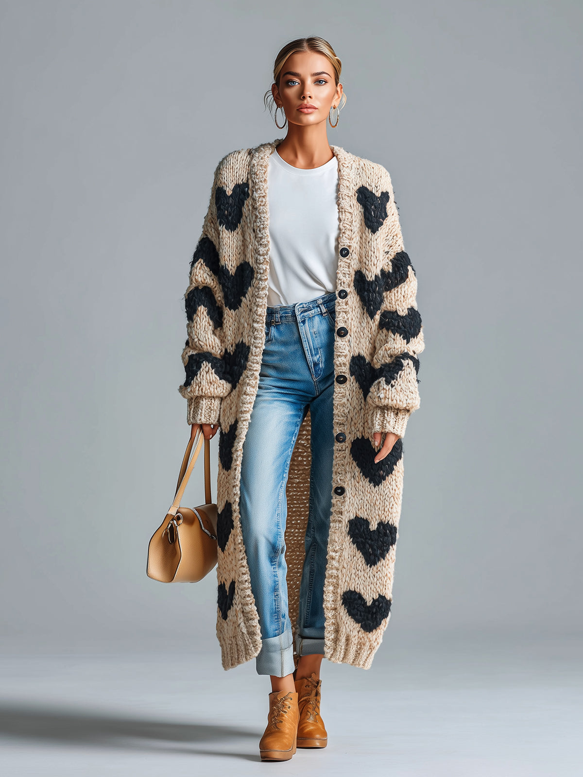 Taidalw Chic Vintage Beige-Black Heart Jacquard Relaxed Fit Single-Breasted Long Sleeve Knit Long Cardigan