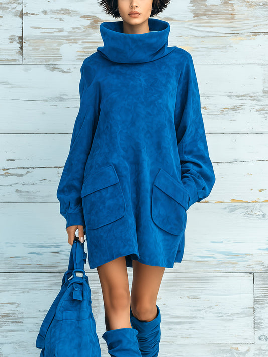Taidalw Chic Elegant Royal Blue Faux Suede Oversized Turtleneck Long Lantern Sleeve Patch Pocket Mini Dress