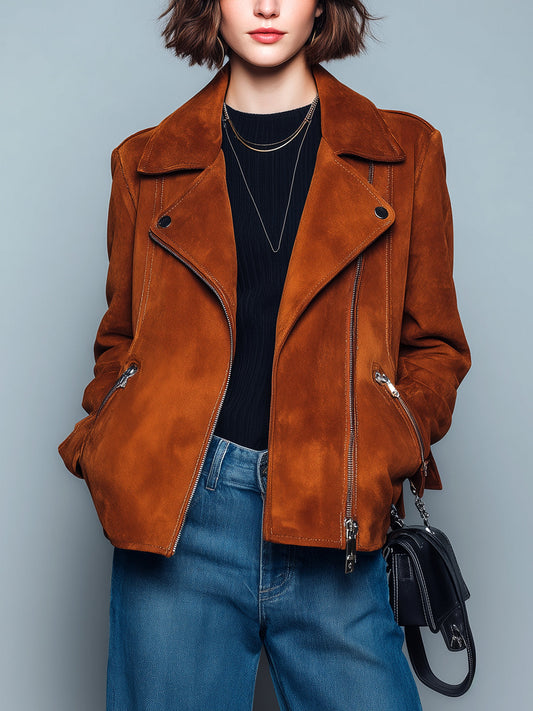 Taidalw Chic Vintage Caramel Brown Faux Suede Lapel Zipper-Front Biker Style Cropped Jacket