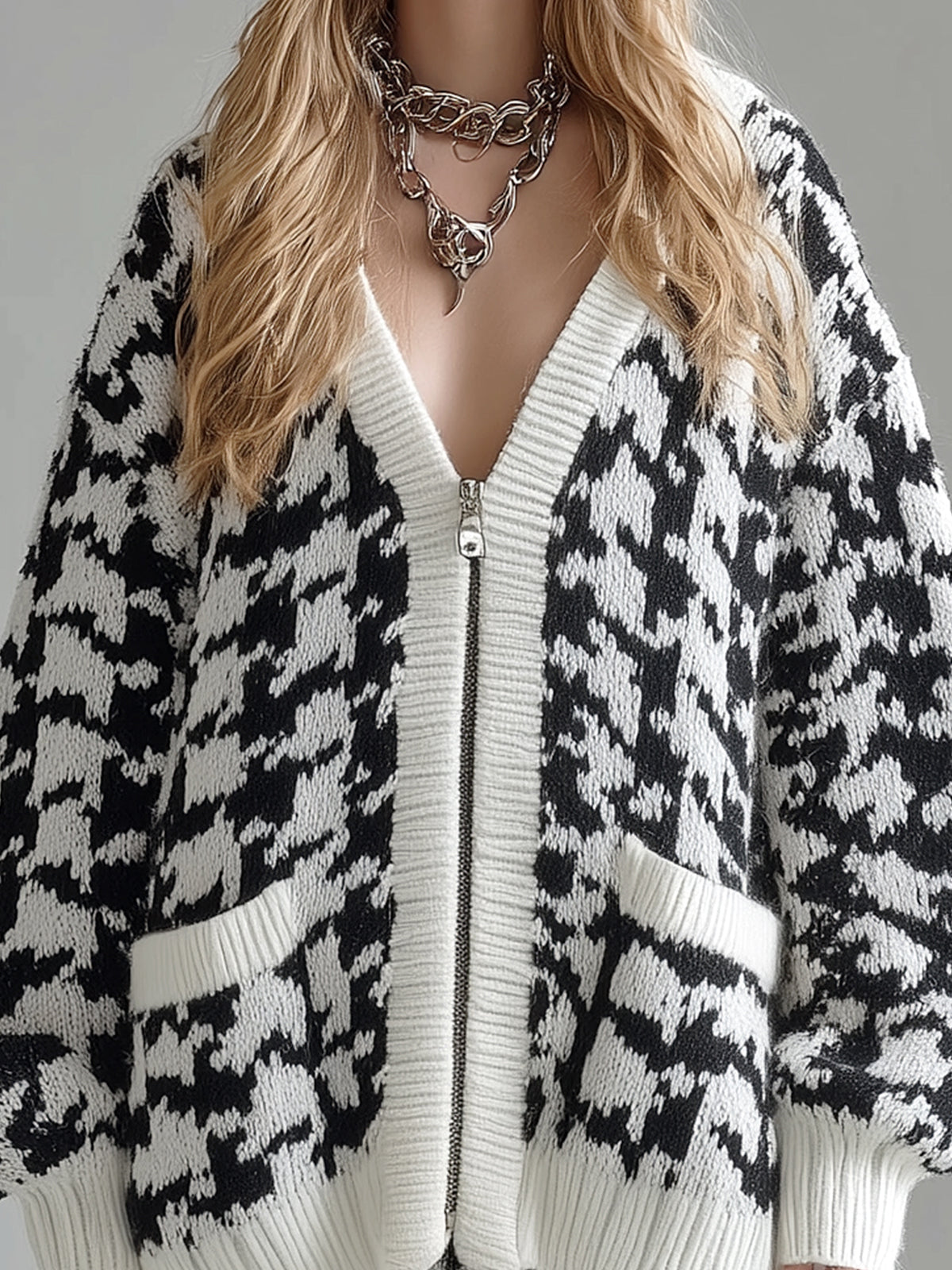 Taidalw Casual Chic Contrast Houndstooth V-neck Single-breasted Oversized Long Sleeve Knit Cardigan