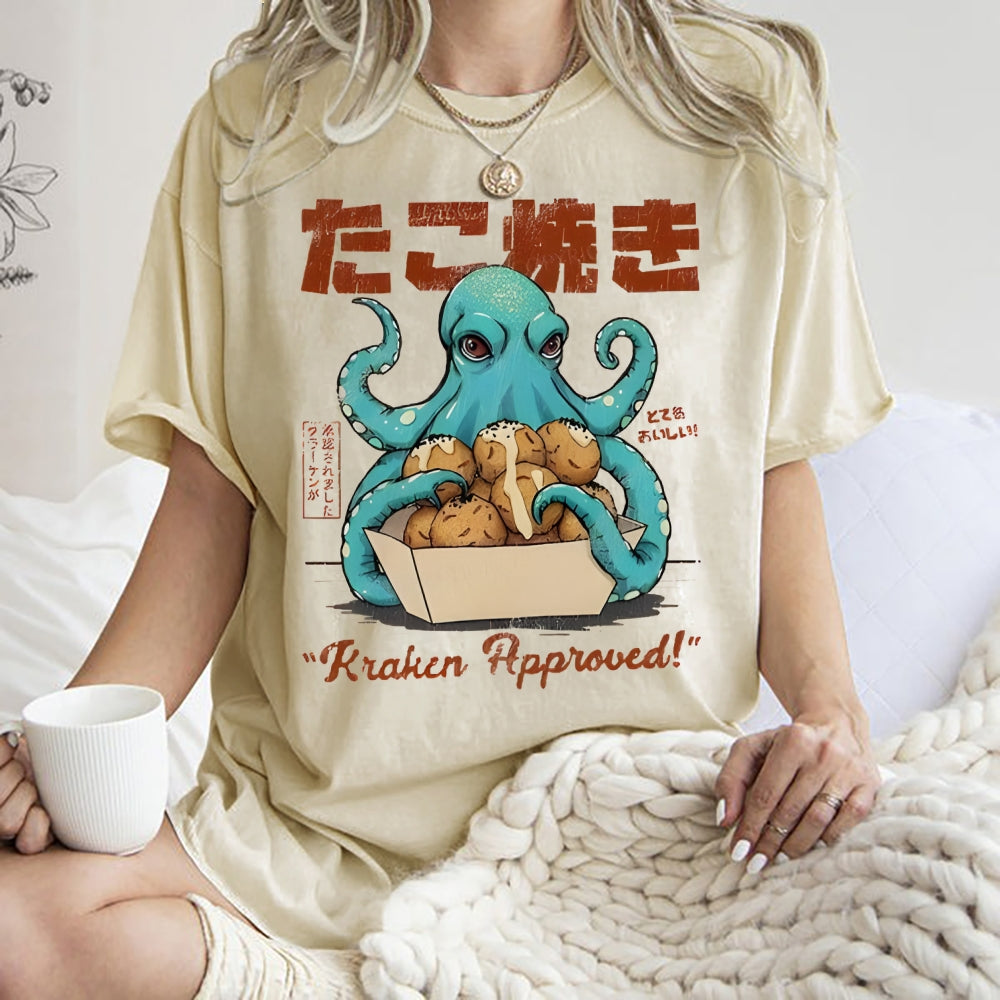 Unisex Japanese Octopus Printed Washed Tee