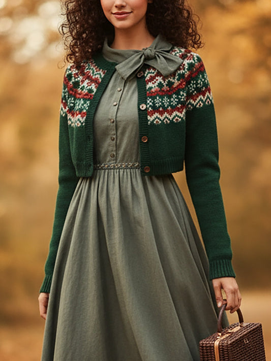 Wool Cardigan, Long Sleeves, Round Neck, Christmas, Button Design, Vintage, Green