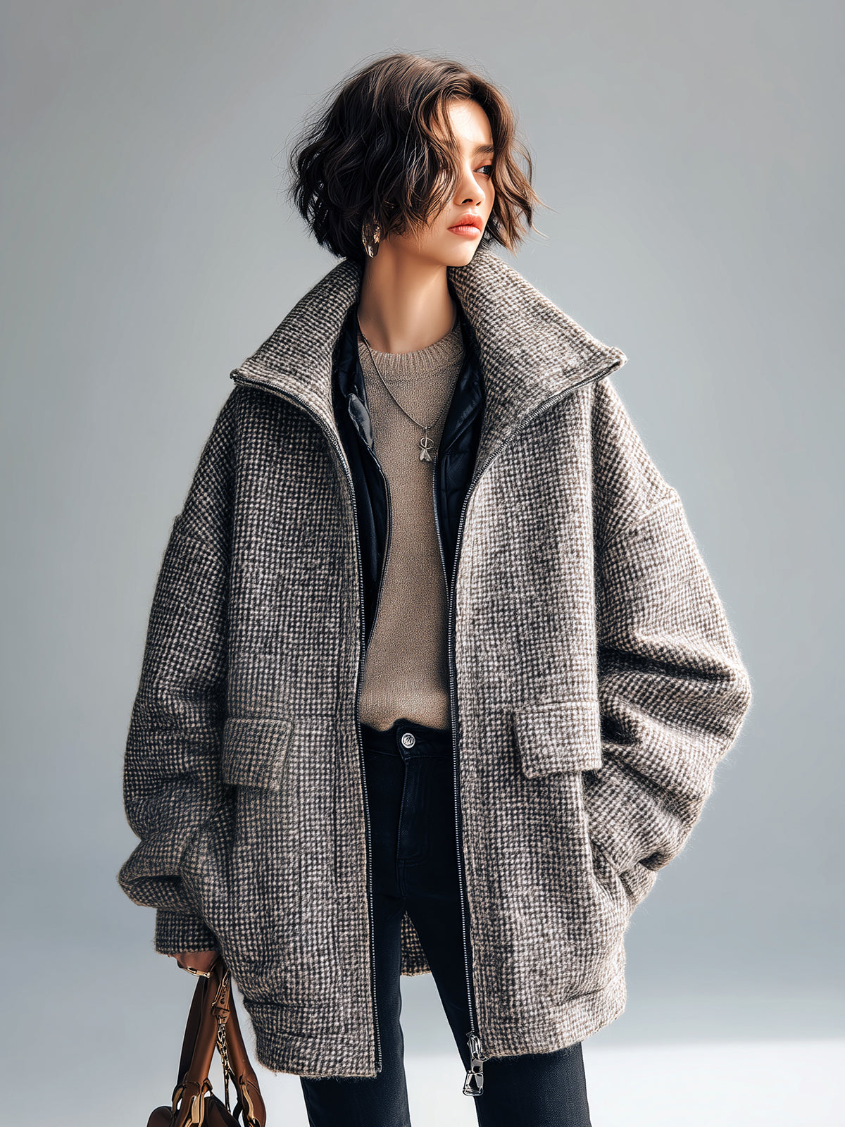 Taidalw Casual Chic Wool Blend Houndstooth Wide Lapel Patch Pockets Oversized Zip-Front Warm Coat