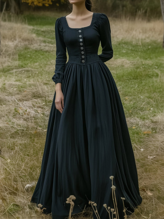 Maxi Linen Dress, Button Design, Square Neck, Lace Up, Linen Blend, Black