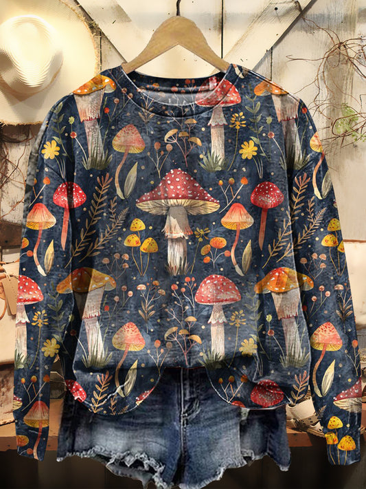 Women's Vintage Mushroom Art Print Casual Crew Neck Sweatshirt