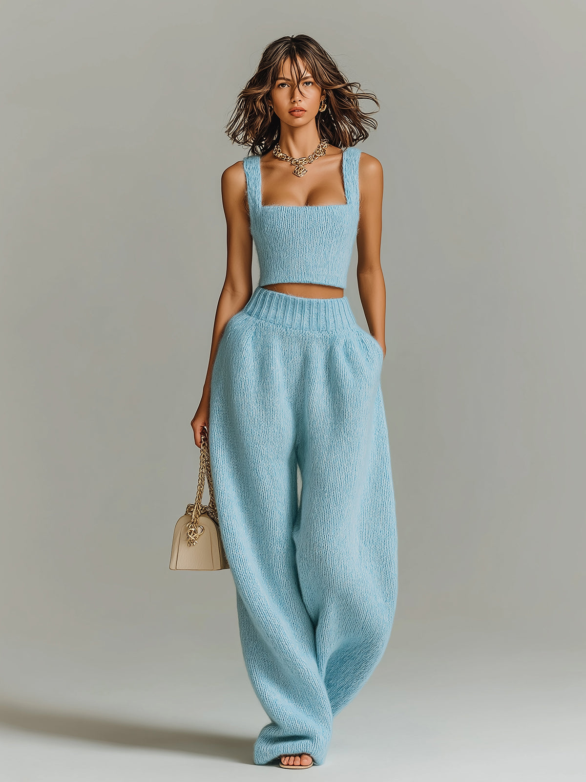 Taidalw Chic Elegant Blue Square-Neck Slim-Fit Tank Top And Elastic Waist Wide-Leg Pants Ribbed Knit Two-Piece Set