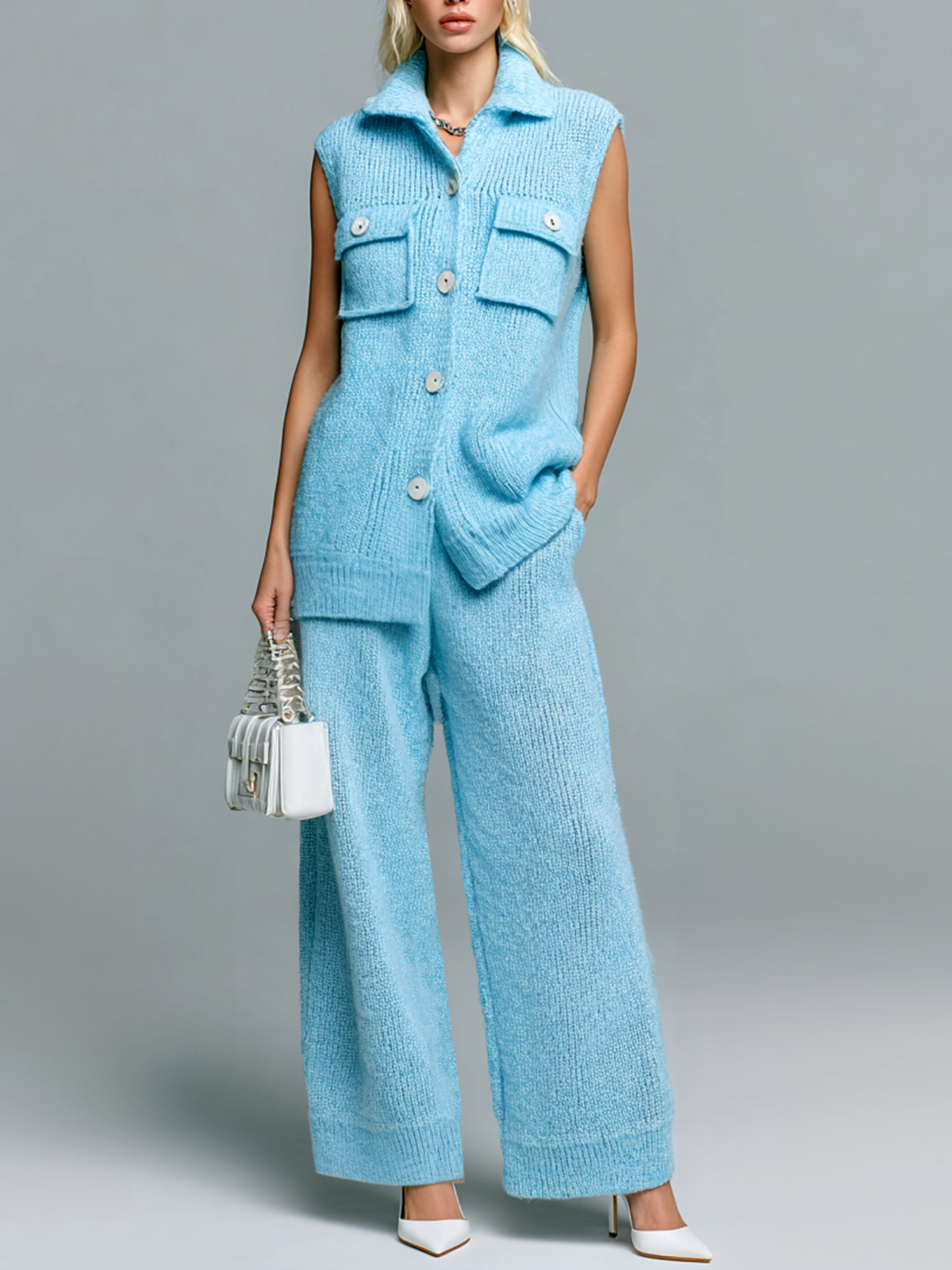Taidalw Chic Casual Blue Lapel Pocket Button Sleeveless Loose Ribbed Vest Wide-Leg Pants Knit Two-Piece Set