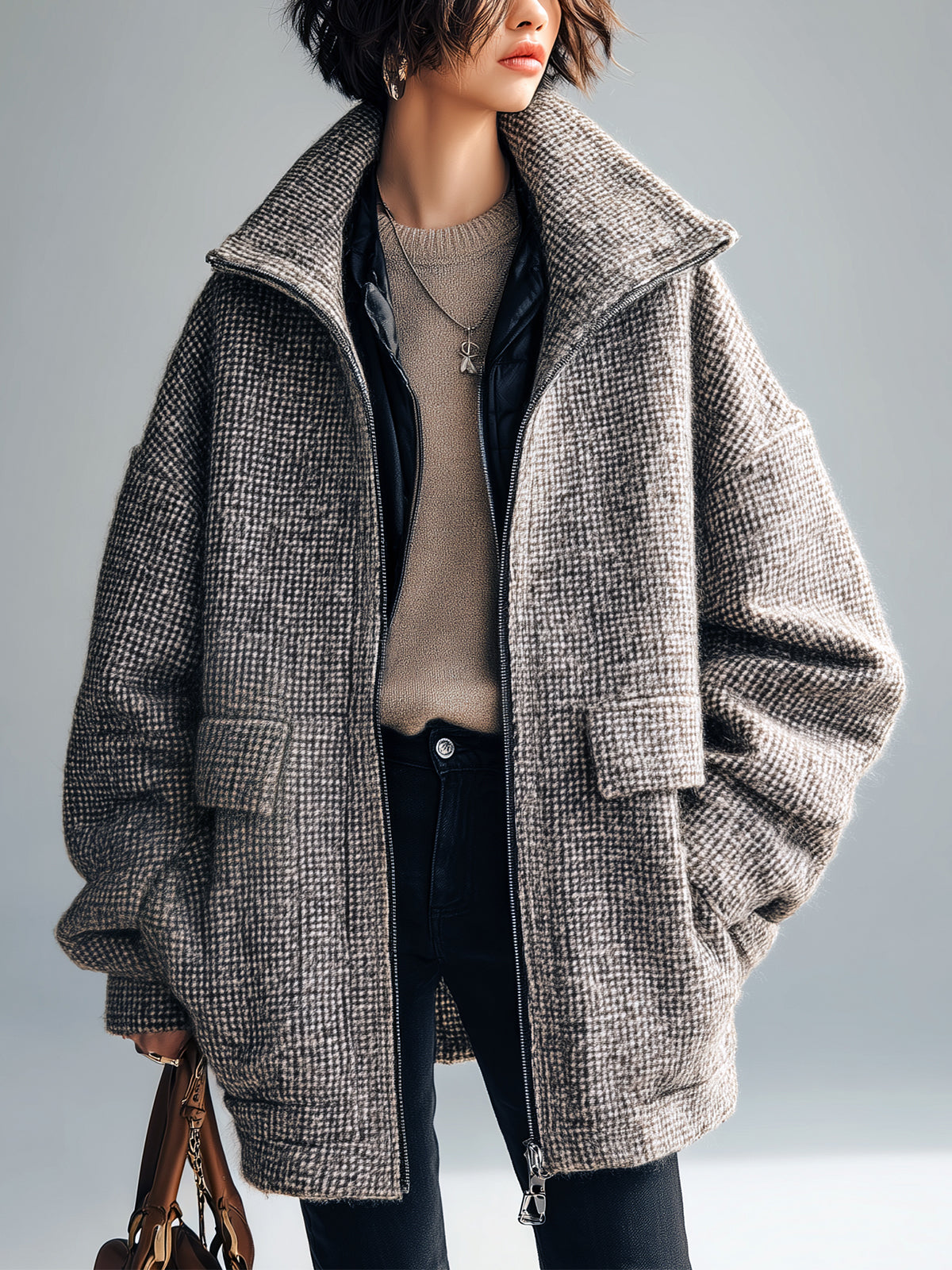 Taidalw Casual Chic Wool Blend Houndstooth Wide Lapel Patch Pockets Oversized Zip-Front Warm Coat