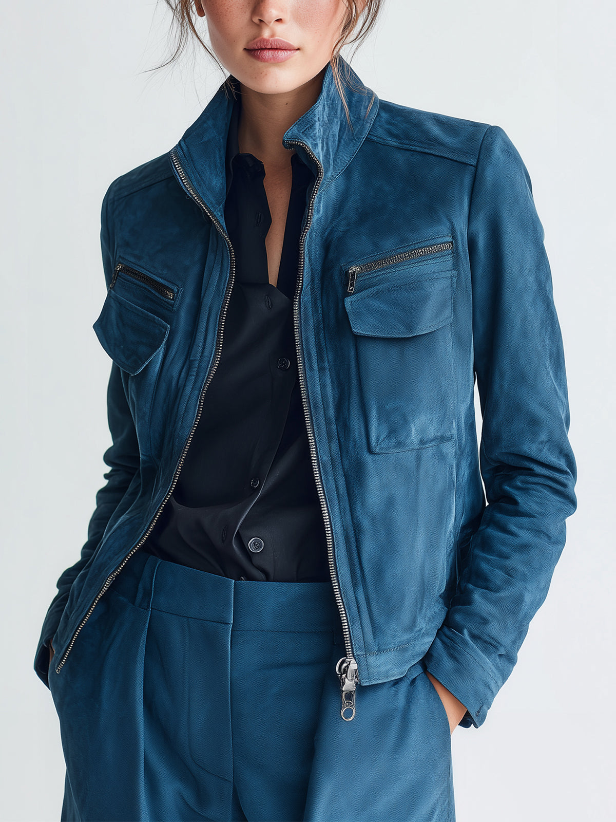 Taidalw Chic Vintage Dark Blue Faux Suede Stand-Collar Zipper Utility-Pocket Cropped Biker Jacket