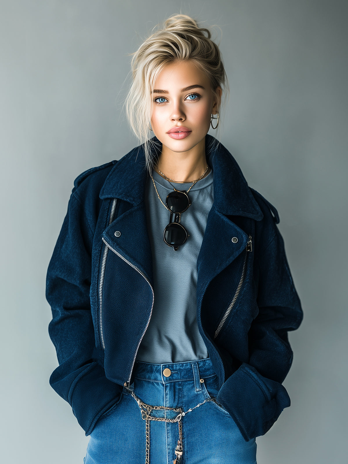 Taidalw Casual Cool Navy Blue Washed Twill Cotton Blend Lapel Zip-Front Cropped Biker Jacket