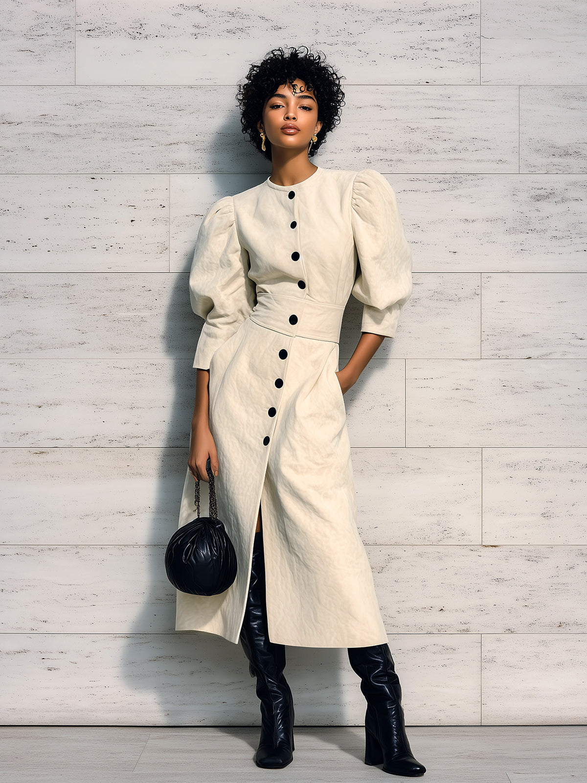 Taidalw Chic Elegant Cream White Faux Suede Round Neck Single-Breasted Puff Sleeve Tailored Waist Slim-Fit Midi Dress