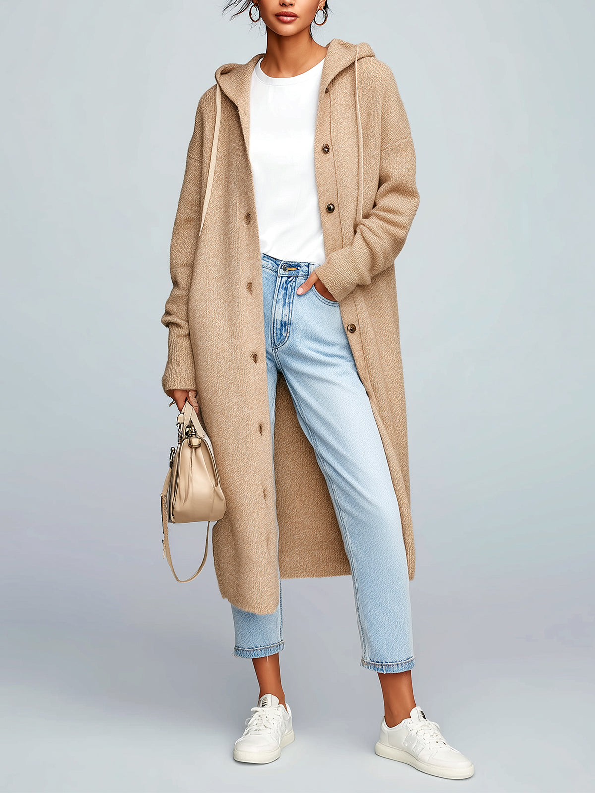 Taidalw Chic Vintage Khaki Hooded Single-Breasted Maxi-Length Slouchy Knit Cardigan