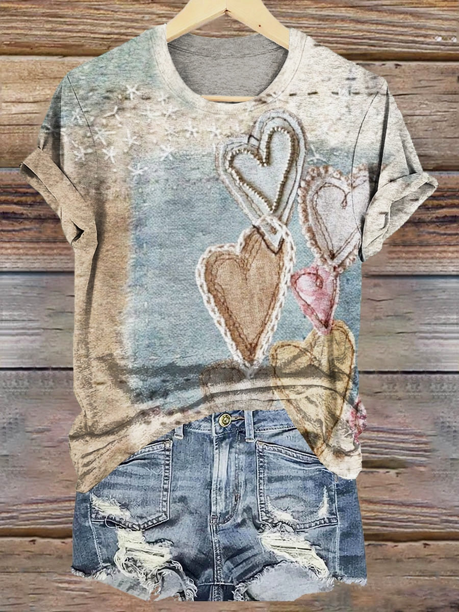 Valentine'S Day Vintage Heart Pattern Print Crew Neck T-shirt