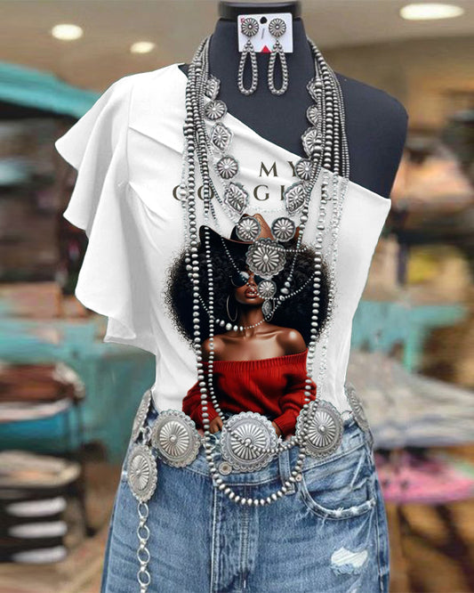 One Shoulder Ruffle Sleeve In My Cowgirl Print Top
