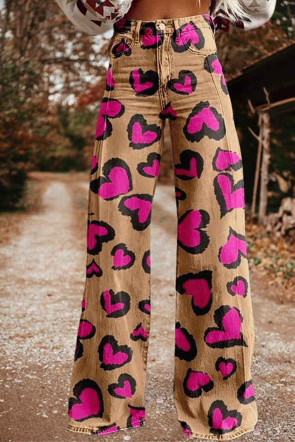 Vintage Heart Print Wide Leg Trousers