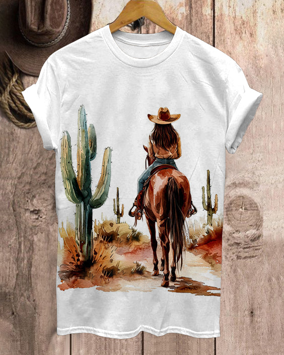 Cowgirl on Horseback in Desert Scenery Neck Short Sleeve Tshirt