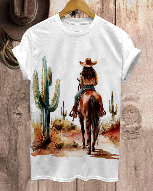 Cowgirl on Horseback in Desert Scenery Neck Short Sleeve Tshirt