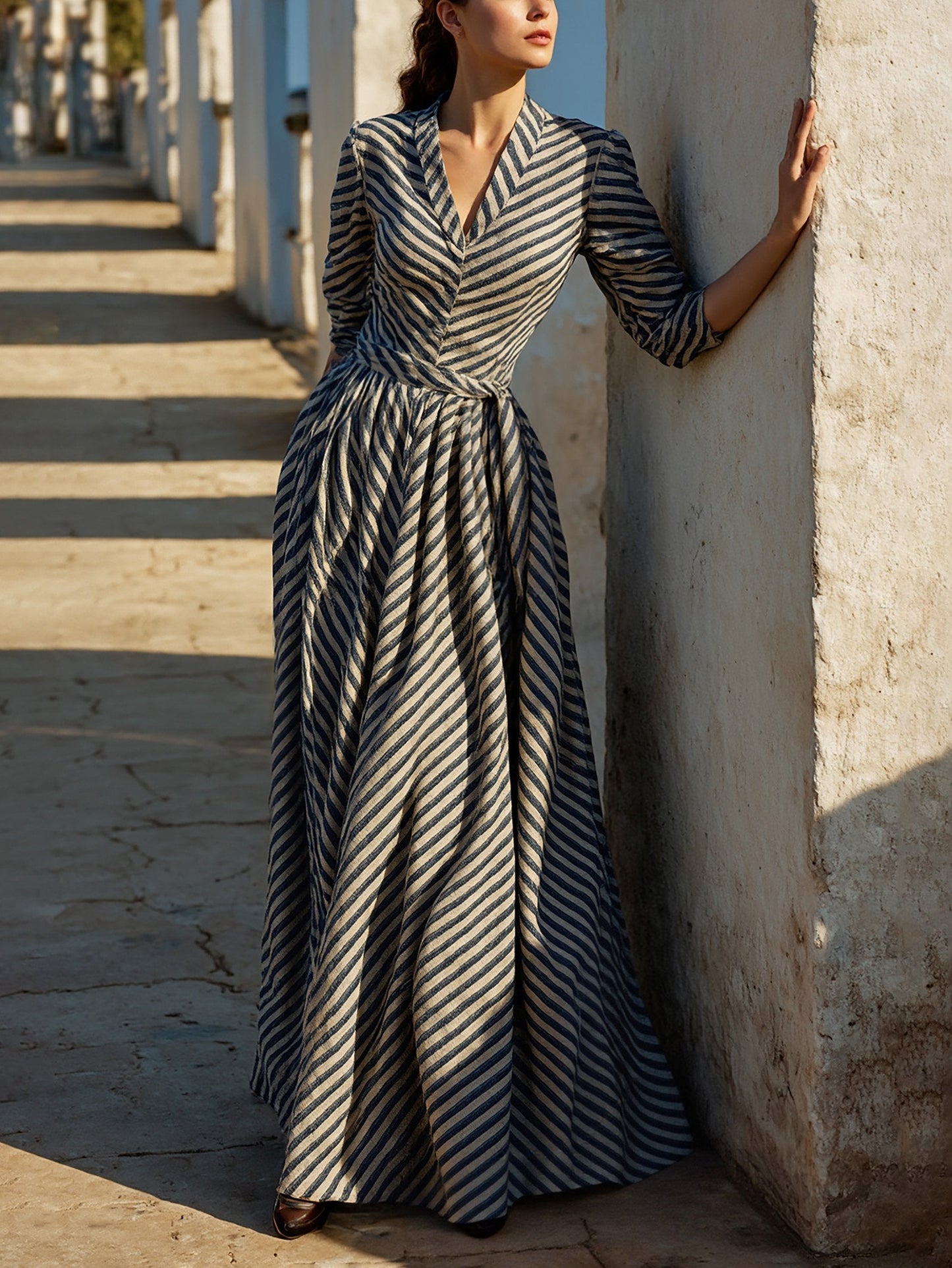 Maxi Linen Dress, Half Sleeve, V Neck, Striped, Button Design, French Vintage, Blue