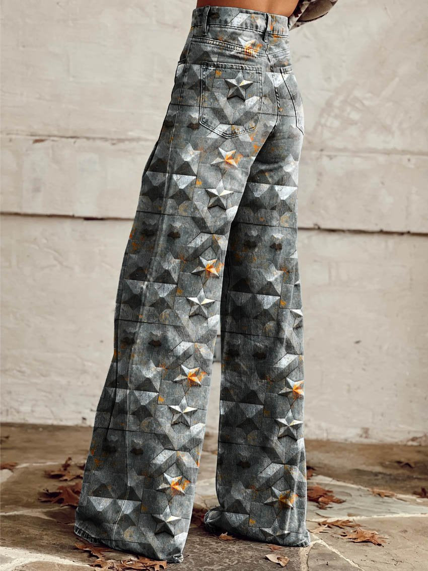 Women's Plain Colour Star Geometry Print Casual Wide Leg Pants